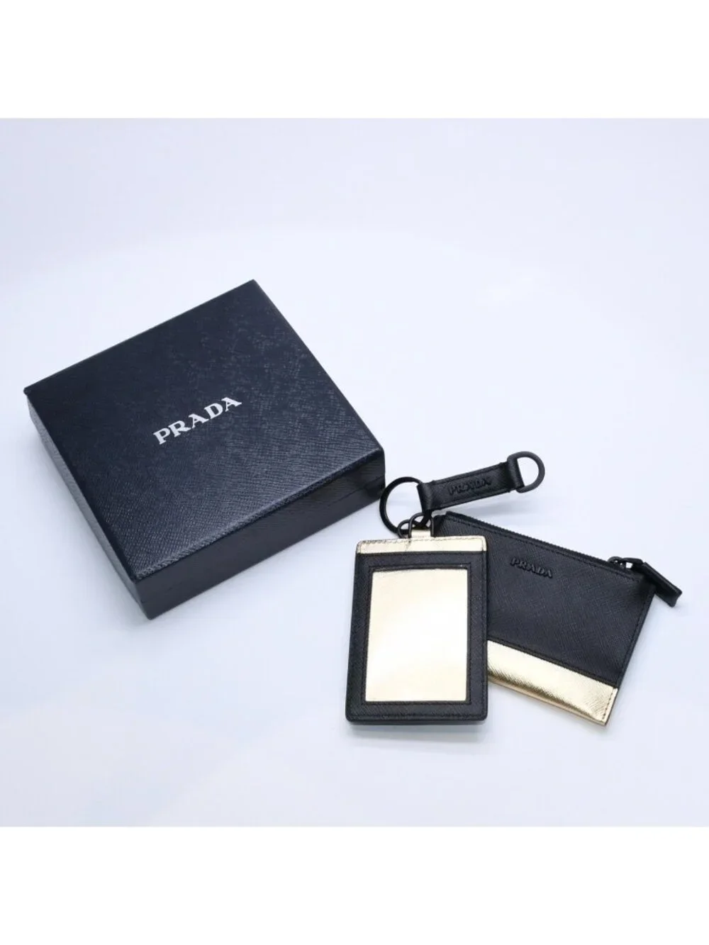 Prada Logo Coin Purse Card Curse Saffano Leather Black Gold